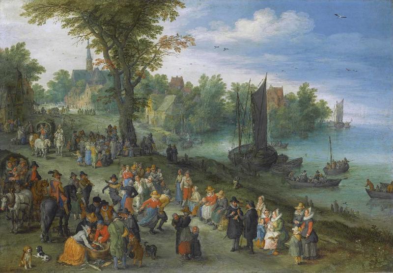 Jan Brueghel People dancing on a river bank oil painting picture